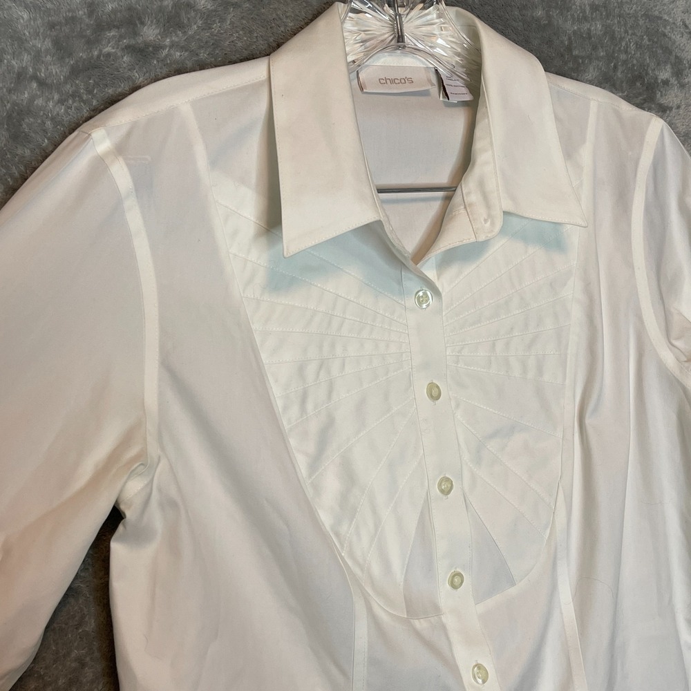 Chicos 1 Women No Iron Collared Button Tunic Top 8 Classic Old Money Office Chic